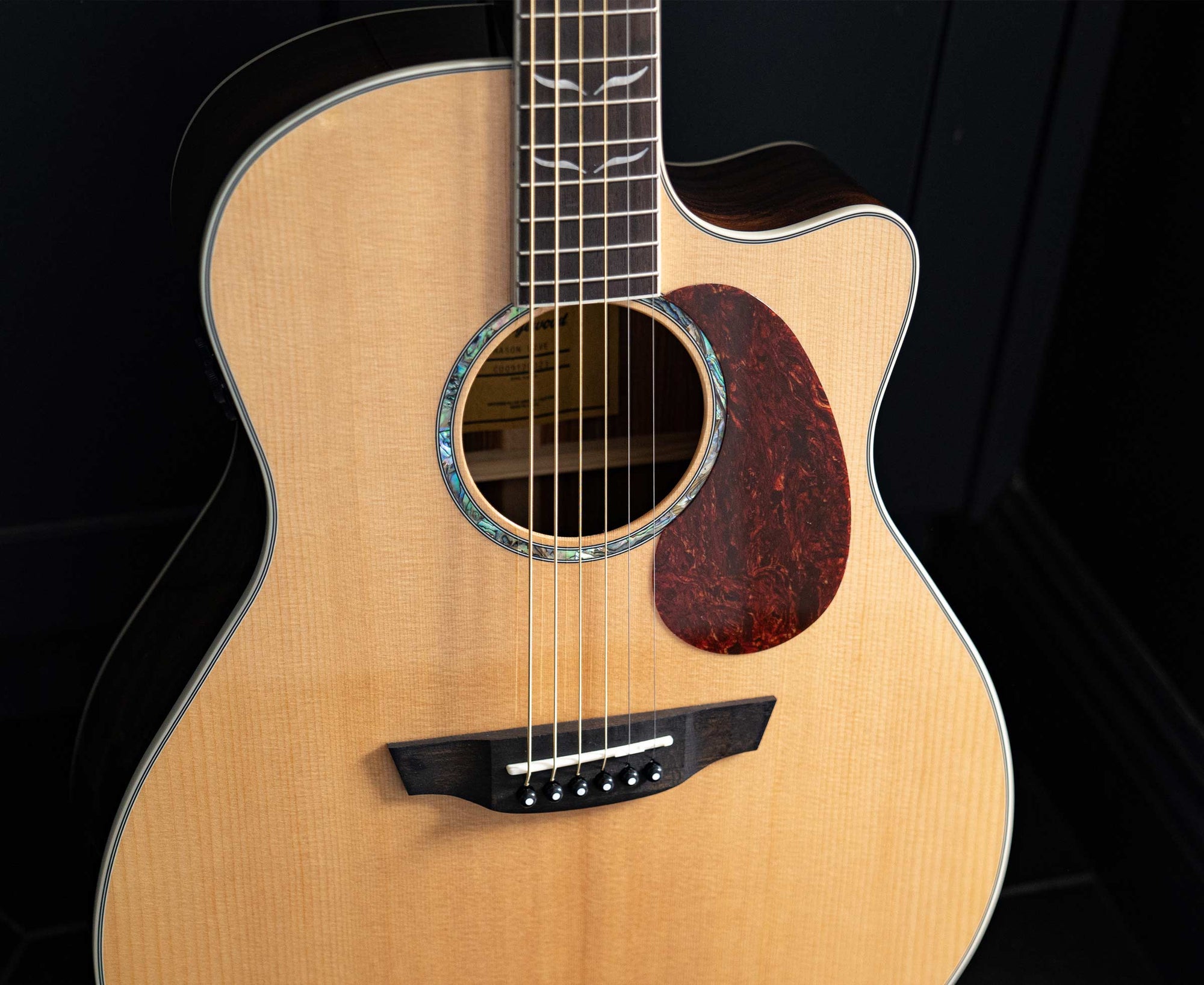 Closeup of an Orangewood Mason guitar with a pick guard