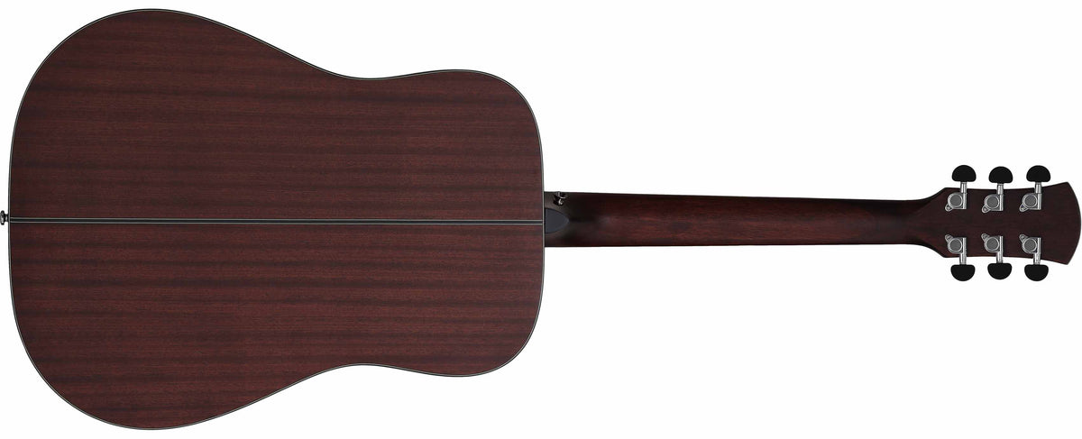 Mahogany back of dreadnought guitar with mahogany neck and silver hardware