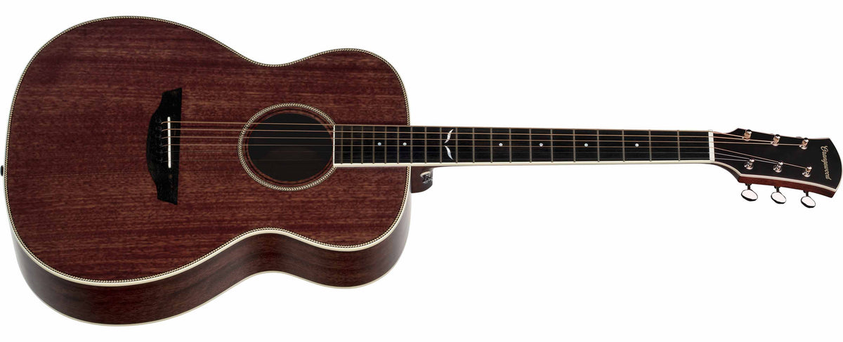 Mahogany grand concert acoustic guitar with ebony fretboard, mother of pearl fretboard inlays, and silver hardware