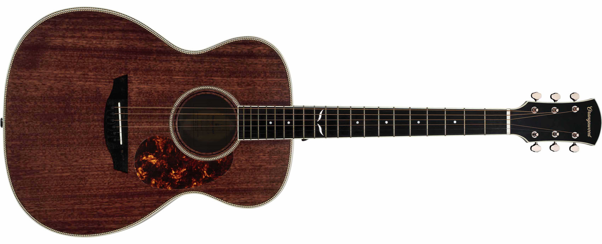 Mahogany grand concert acoustic guitar with ebony fretboard, mother of pearl fretboard inlays, and silver hardware