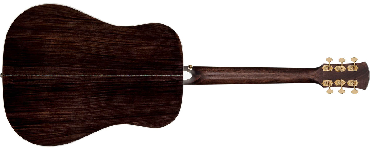 Mahogany back of dreadnought acoustic electric guitar with mahogany neck, gold hardware, and abalone detailing