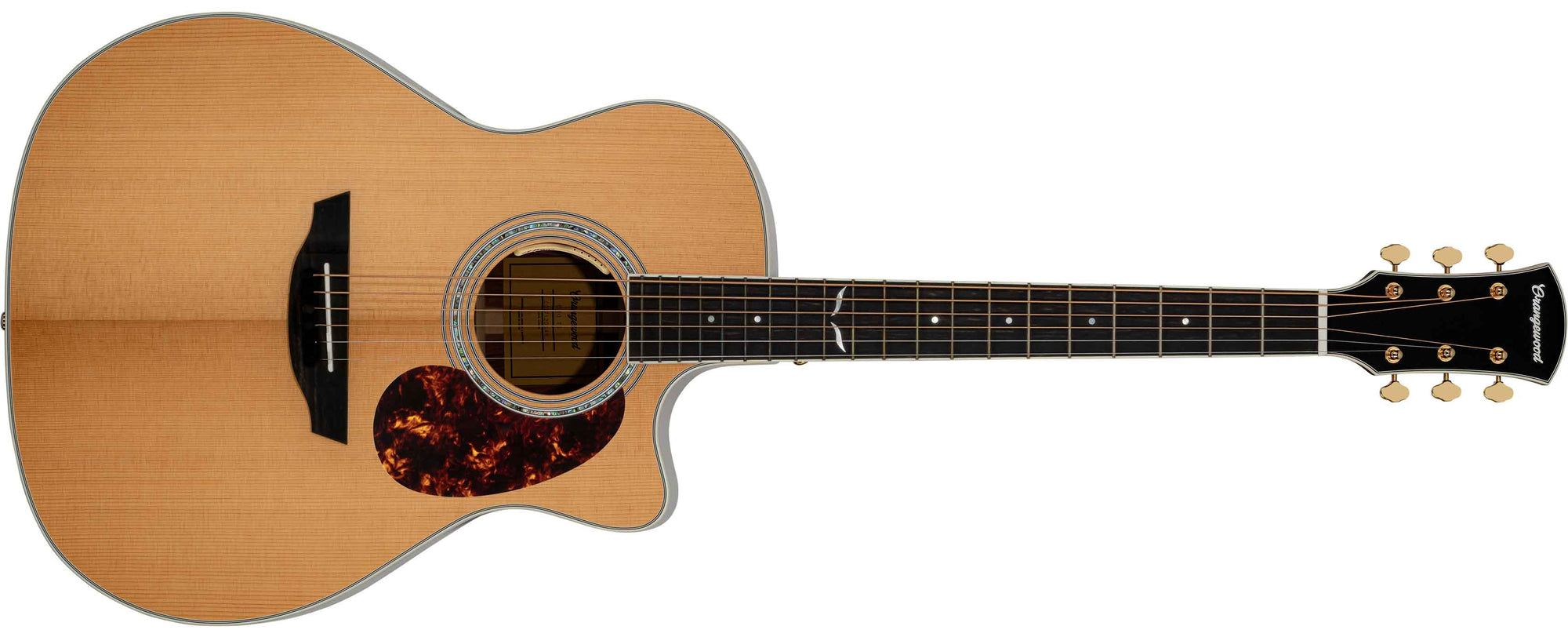 Torrefied spruce grand auditorium cutaway acoustic electric guitar with ebony fretboard, mother of pearl fretboard inlays, abalone rosette, and gold hardware