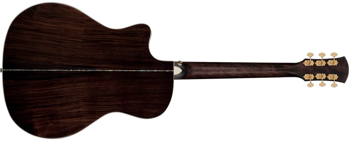 Mahogany back of grand auditorium acoustic electric guitar with mahogany neck, gold tuners, and abalone detailing