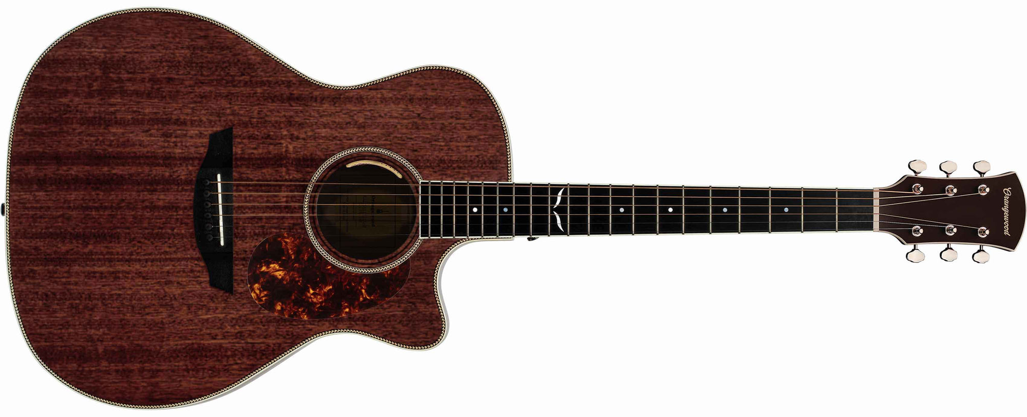 Mahogany grand auditorium cutaway acoustic electric guitar with an ebony fretboard, mother of pearl inlays, and silver hardware