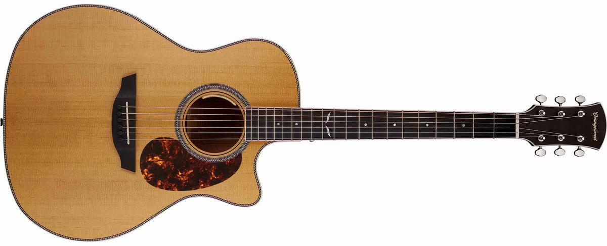 Torrefied spruce auditorium cutaway acoustic guitar with ebony fretboard, mother of pearl fretboard inlays, silver hardware, and tortoise pickguard