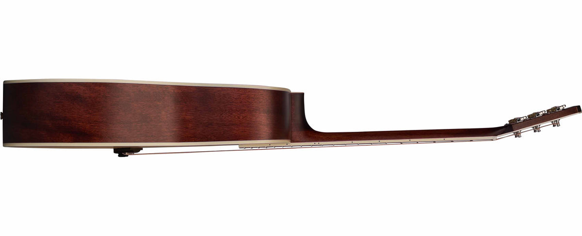 Side view of grand auditorium cutaway guitar with mahogany wood