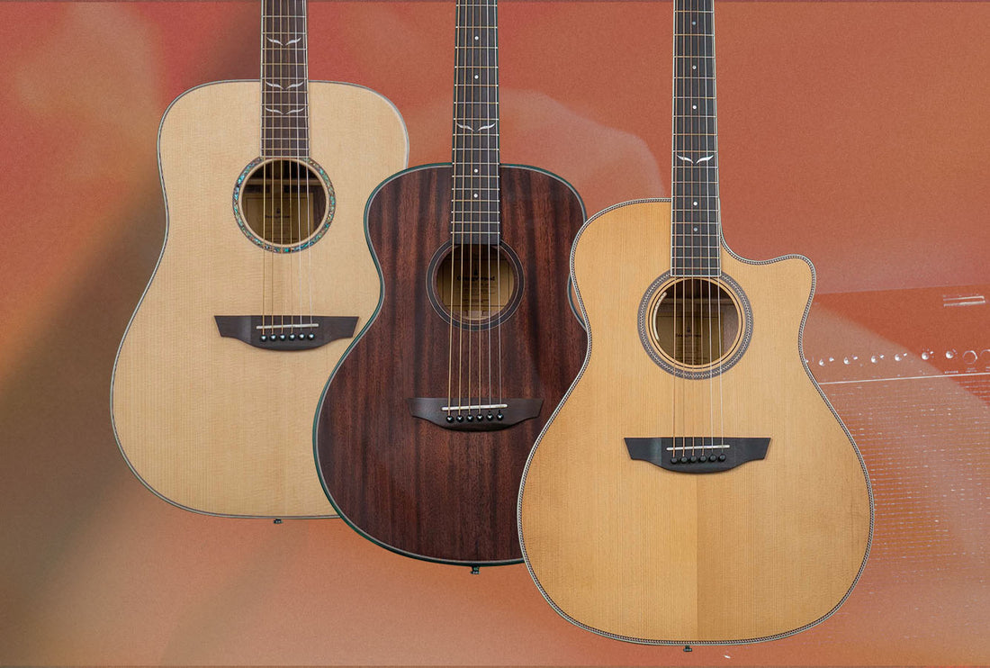 Three orangewood guitars collaged on an orange background