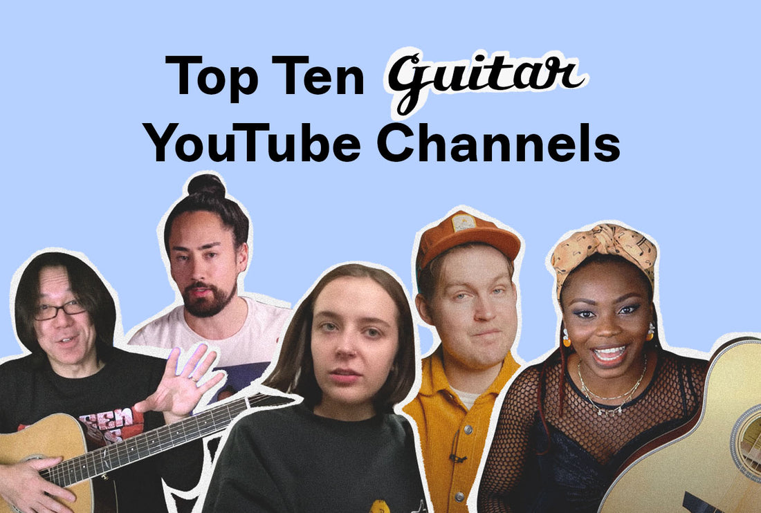 Photo collage of several youtubers with the text 'Top Ten Guitar YouTube Channels'