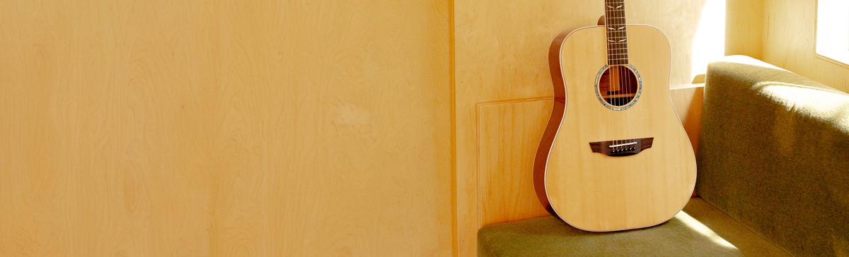 The Echo guitar played on a yellow sofa.