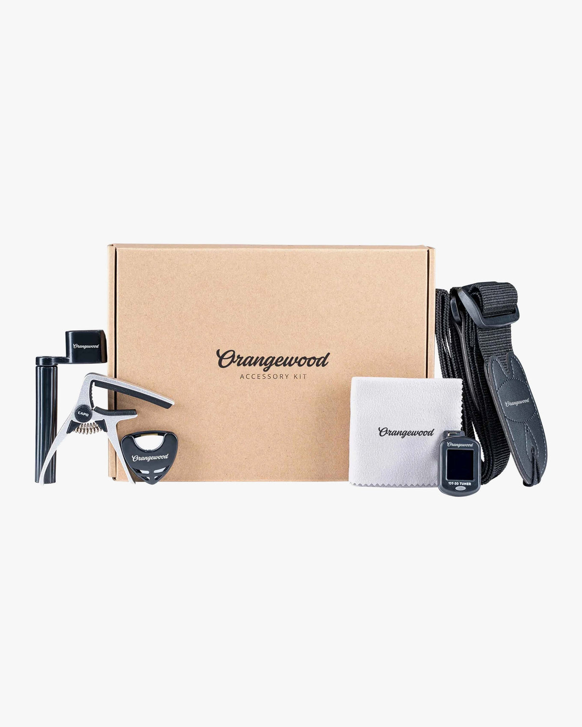 Accessory kit box with tuner, string winder, microfiber cloth, strap, and capo