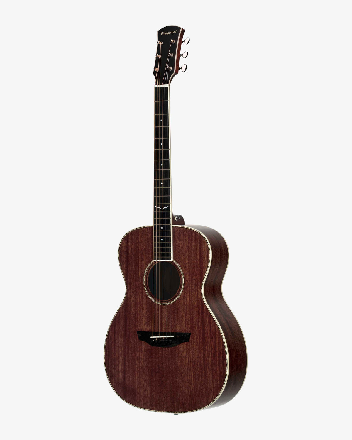 Mahogany grand concert acoustic guitar with ebony fretboard, mother of pearl fretboard inlays, and silver hardware