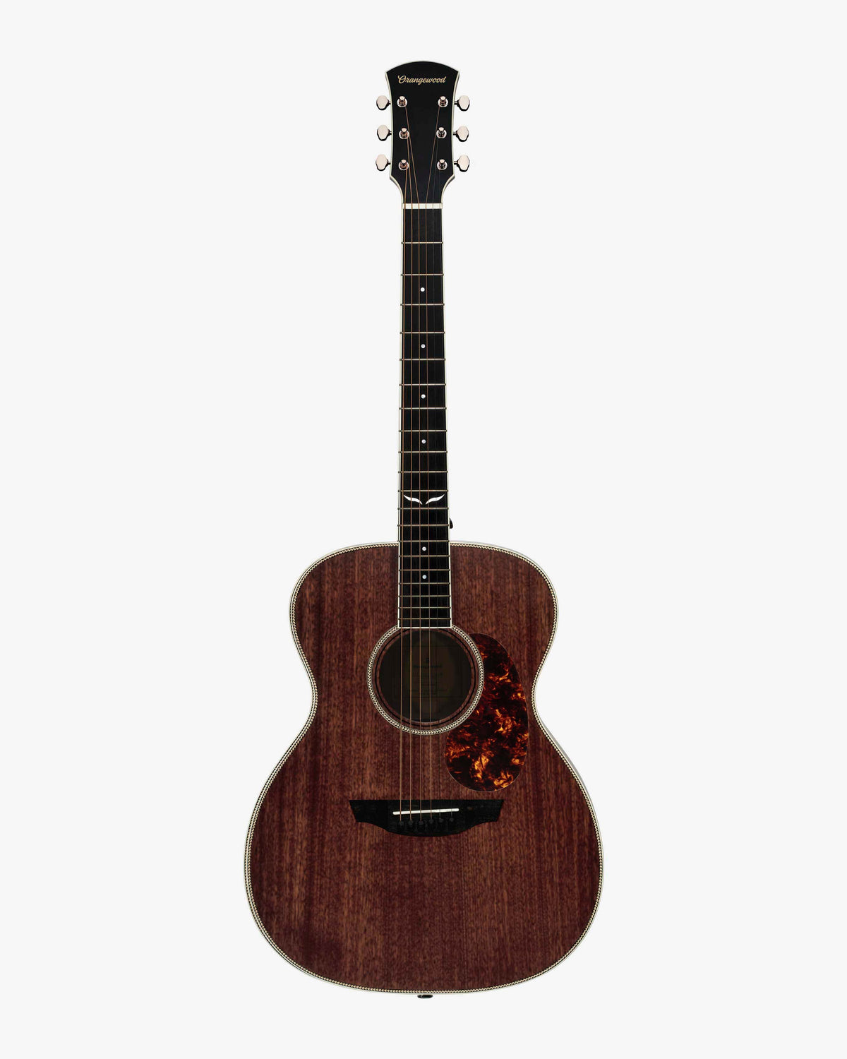 Mahogany grand concert acoustic guitar with ebony fretboard, mother of pearl fretboard inlays, silver tuners, and tortoise shell pick guard