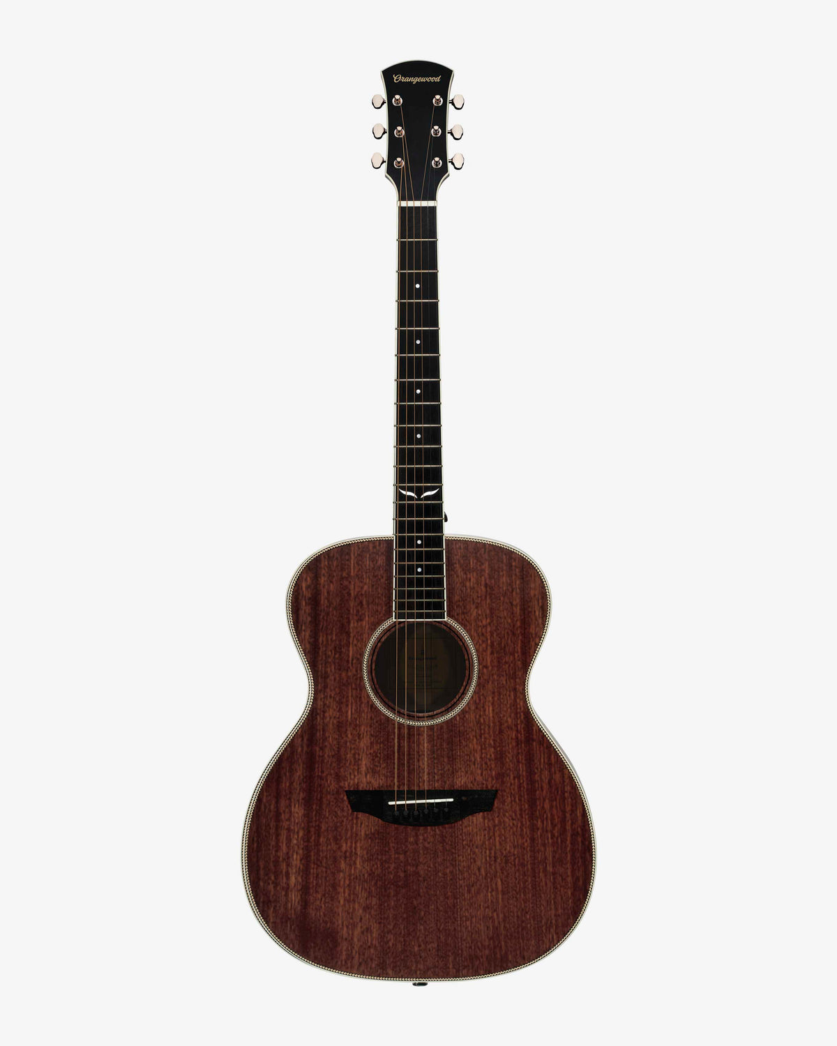 Mahogany grand concert acoustic guitar with ebony fretboard, mother of pearl fretboard inlays, and silver hardware