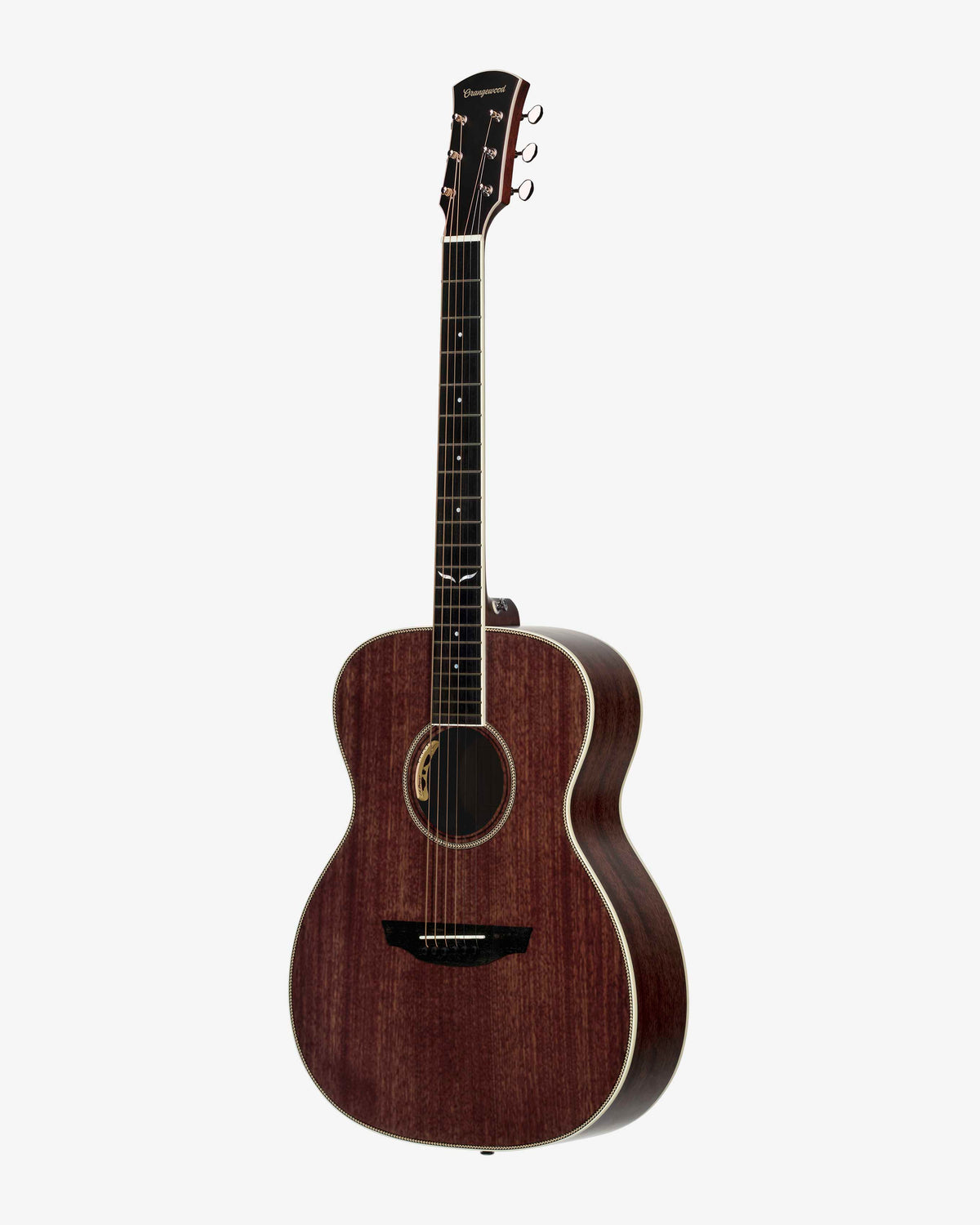 Mahogany grand concert acoustic electric guitar with ebony fretboard, mother of pearl fretboard inlays, and silver hardware