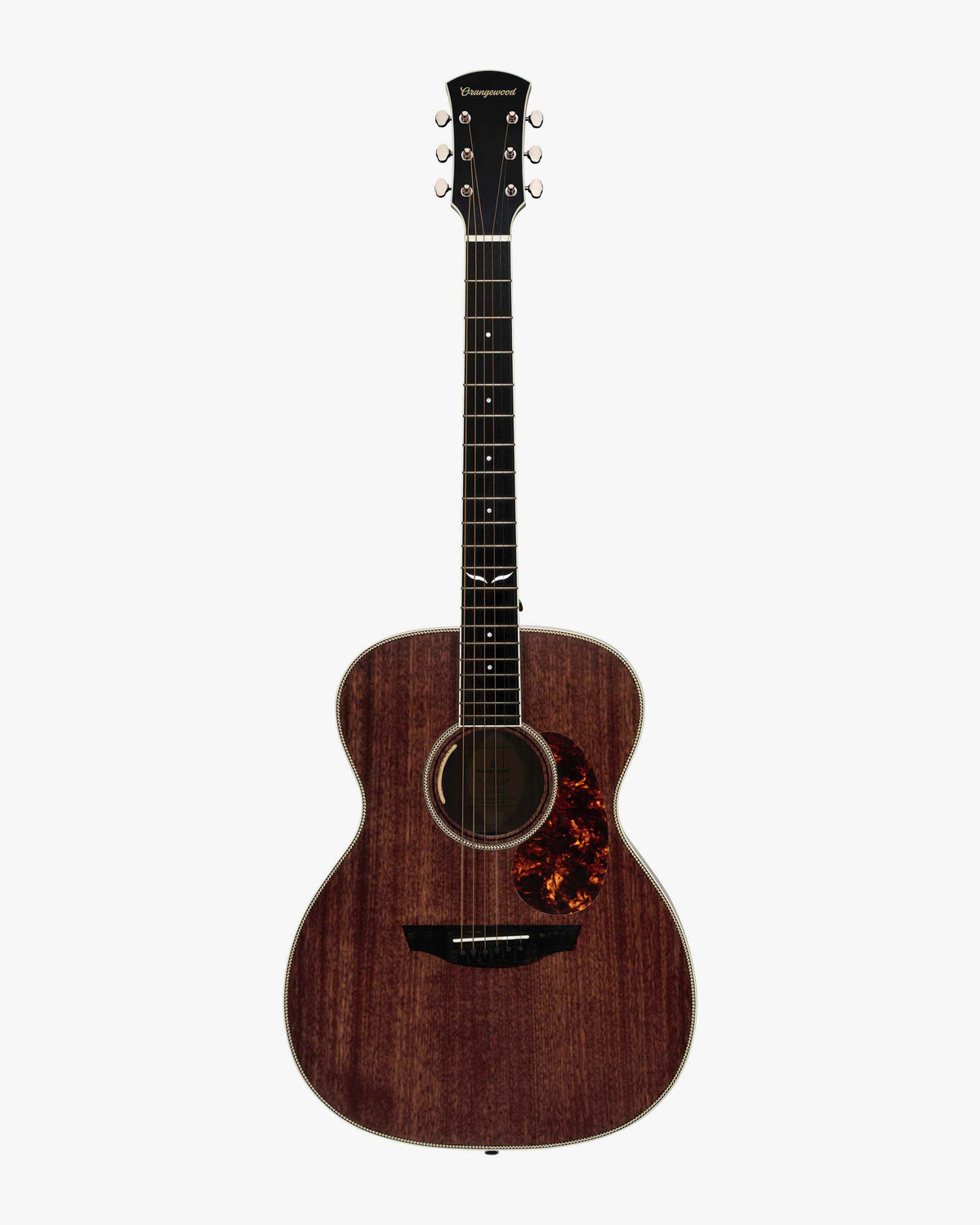 Mahogany grand concert acoustic electric guitar with ebony fretboard, mother of pearl fretboard inlays, silver hardware, and tortoise shell pick guard