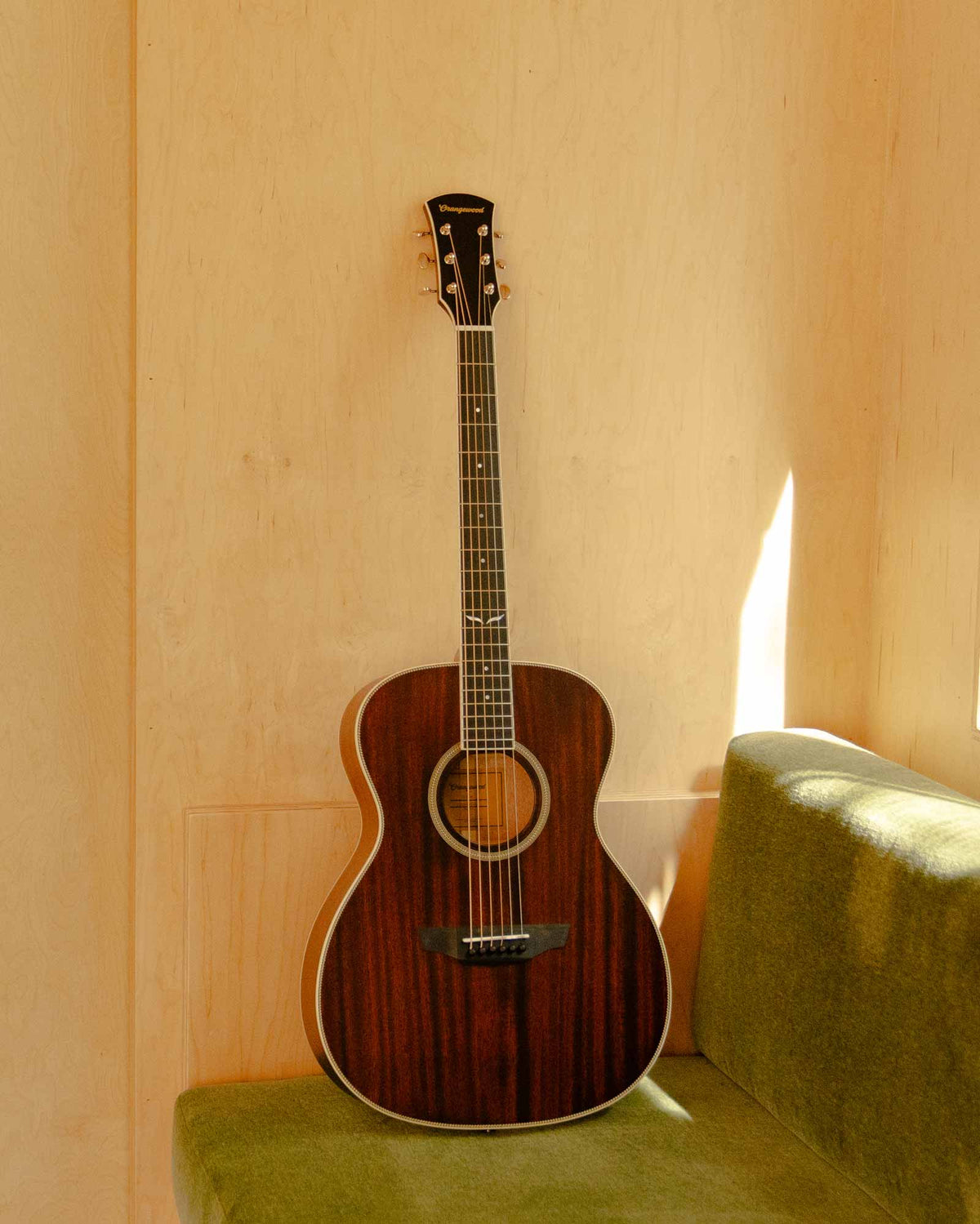 mahogany grand concert guitar on a green bench