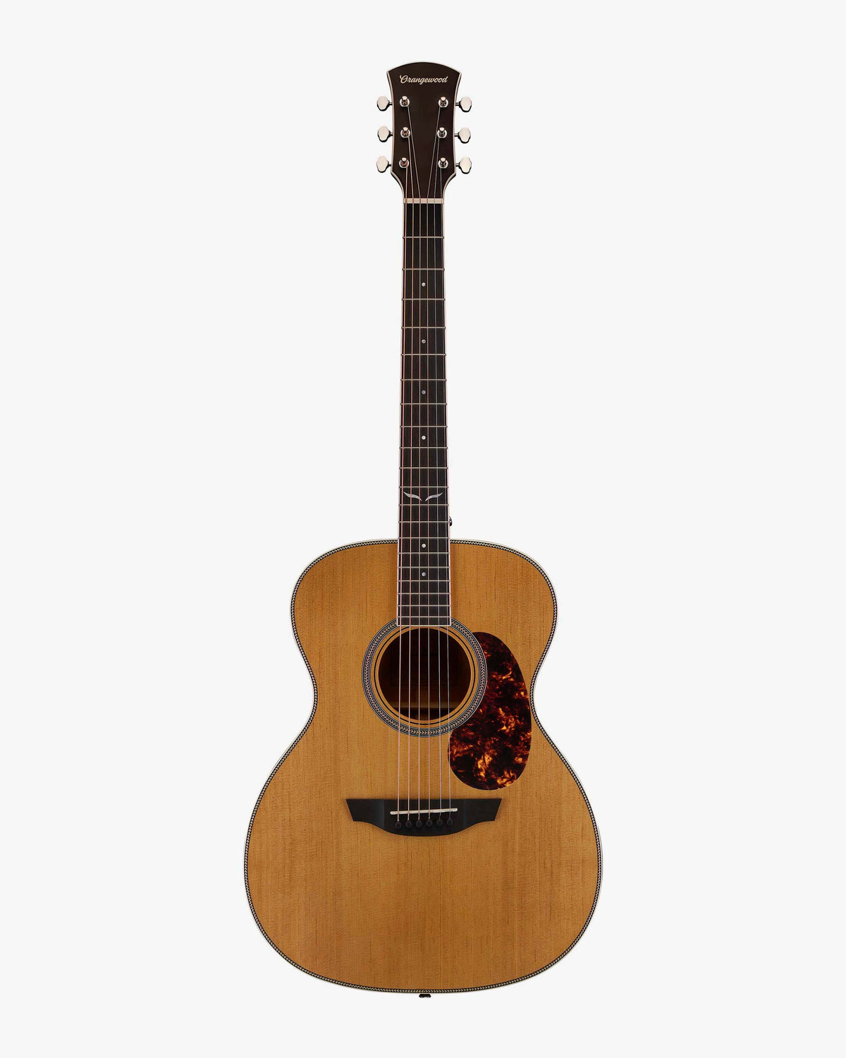 Torrefied spruce grand concert acoustic guitar with ebony fretboard, mother of pearl fretboard inlays, silver hardware, and tortoise shell pick guard