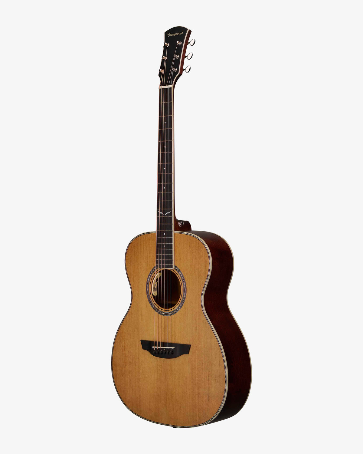 Torrefied spruce grand concert acoustic electric guitar with mahogany sides, ebony fretboard, mother of pearl fretboard inlays, and silver hardware