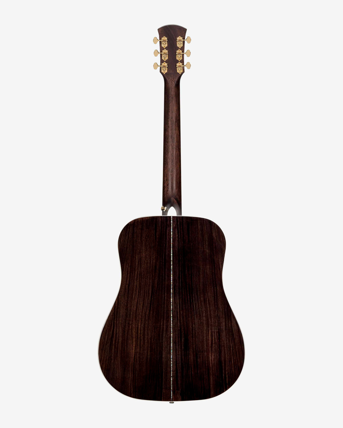 Mahogany back of dreadnought acoustic electric guitar with mahogany neck, abalone body detailing, and gold hardware