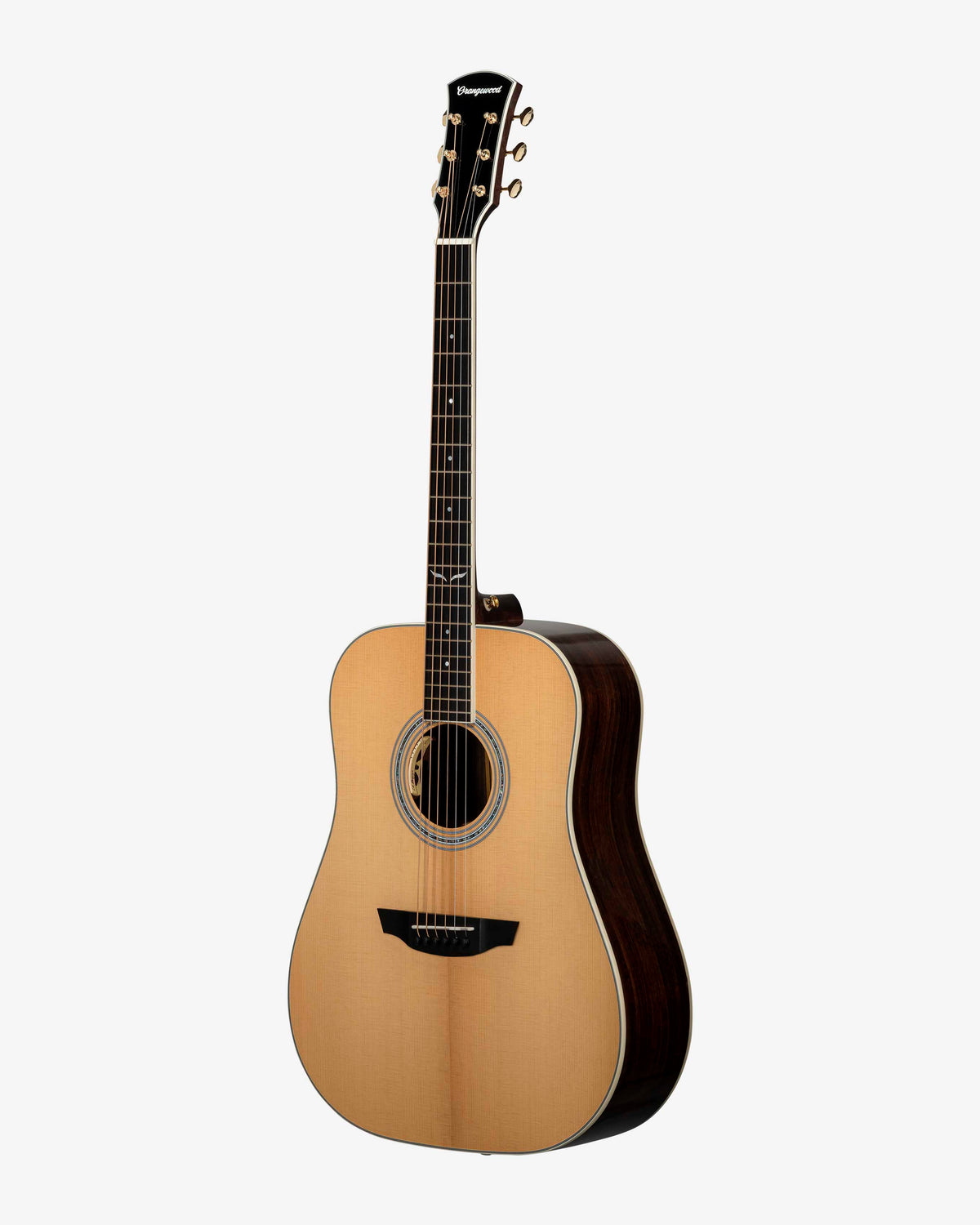 Torrefied spruce dreadnought acoustic electric guitar with mahogany sides, ebony fretboard, mother of pearl fretboard inlays, abalone rosette, and gold hardware