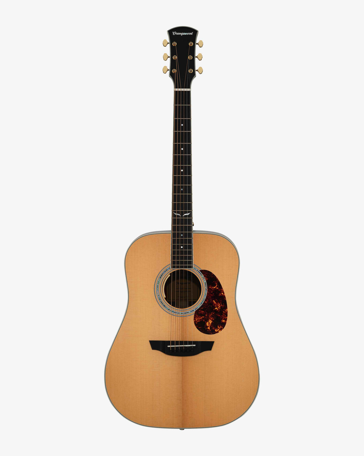 Torrefied spruce dreadnought acoustic guitar with ebony fretboard, mother of pearl fretboard inlays, abalone rosette, gold hardware, and tortoise shell pick guard