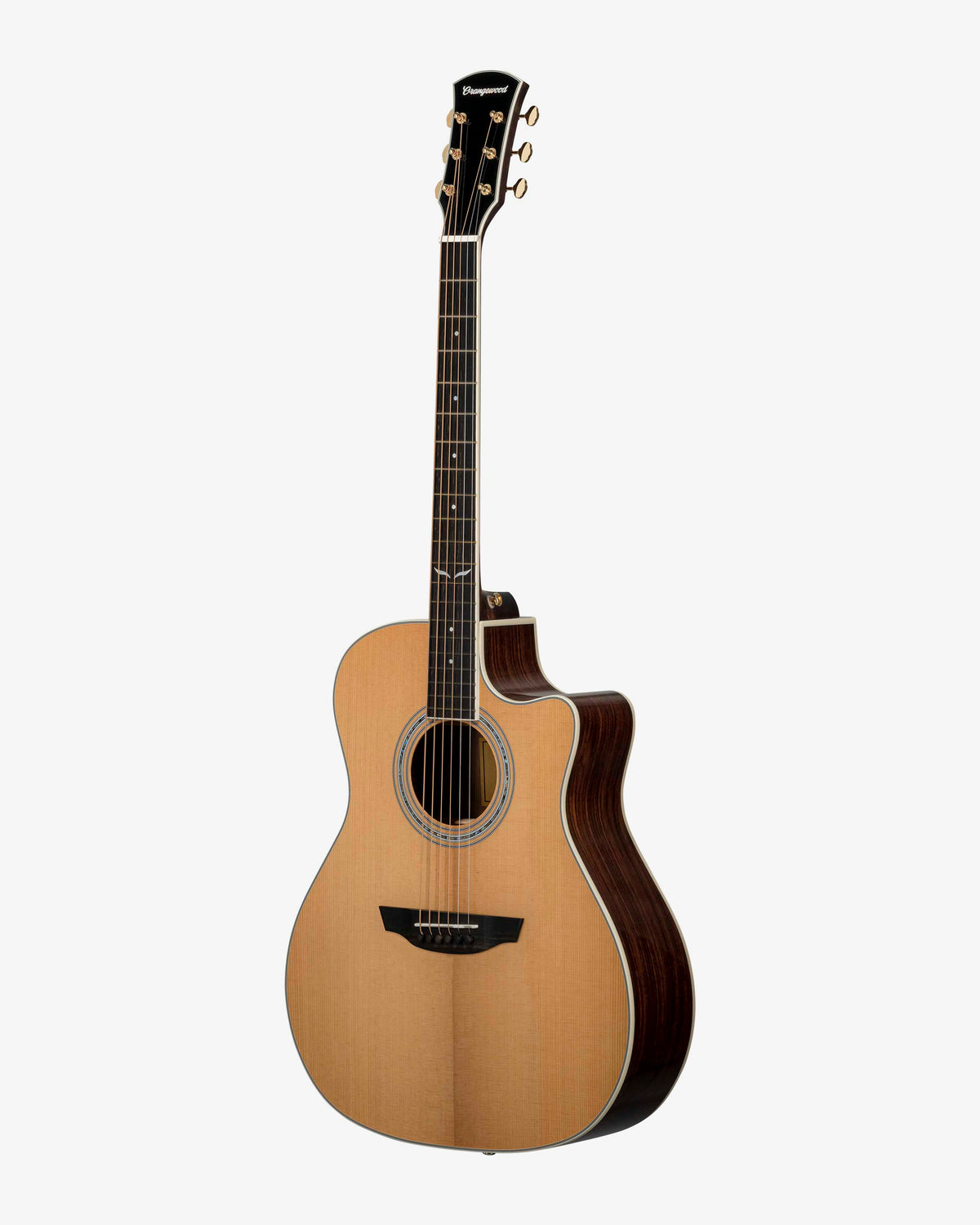 Torrefied spruce grand auditorium cutaway acoustic guitar with mahogany sides, ebony fretboard, mother of pearl fretboard inlays, abalone rosette, and gold hardware