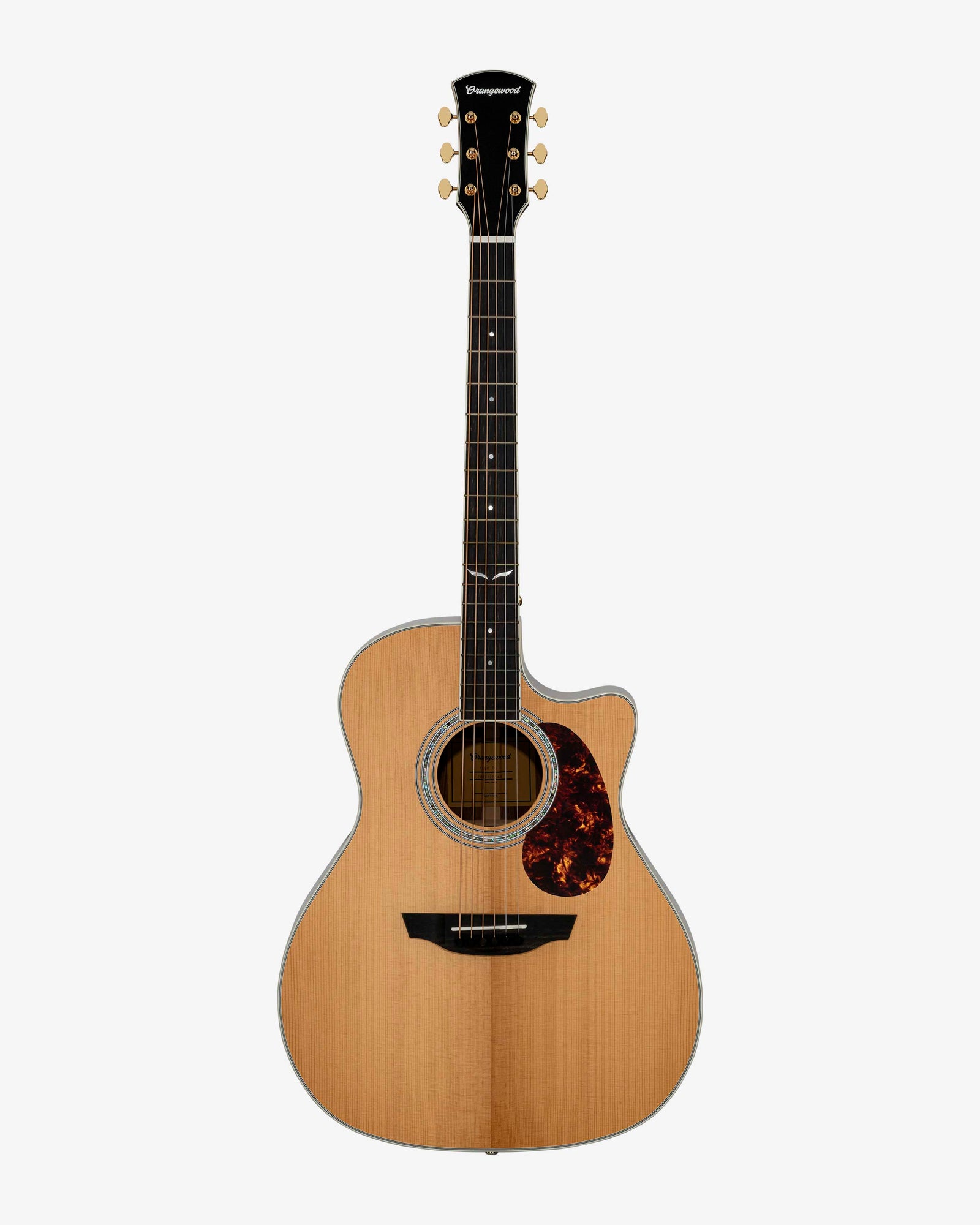 Torrefied spruce grand auditorium cutaway acoustic guitar with ebony fretboard, mother of pearl fretboard inlays, abalone rosette, and gold hardware
