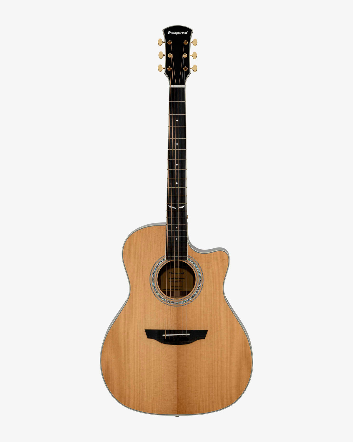 Torrefied spruce grand auditorium cutaway acoustic guitar with ebony fretboard, mother of pearl fretboard inlays, abalone rosette, and gold hardware