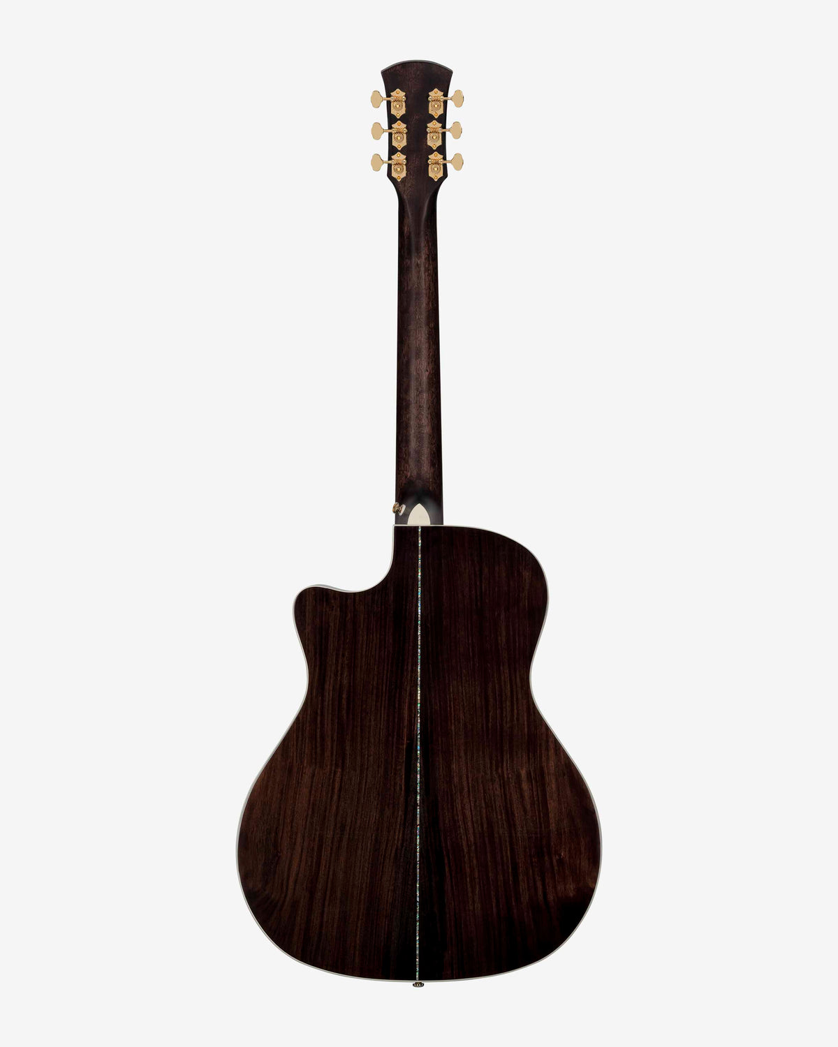 Mahogany back of grand auditorium cutaway acoustic guitar with abalone detailing, mahogany neck, and gold hardware