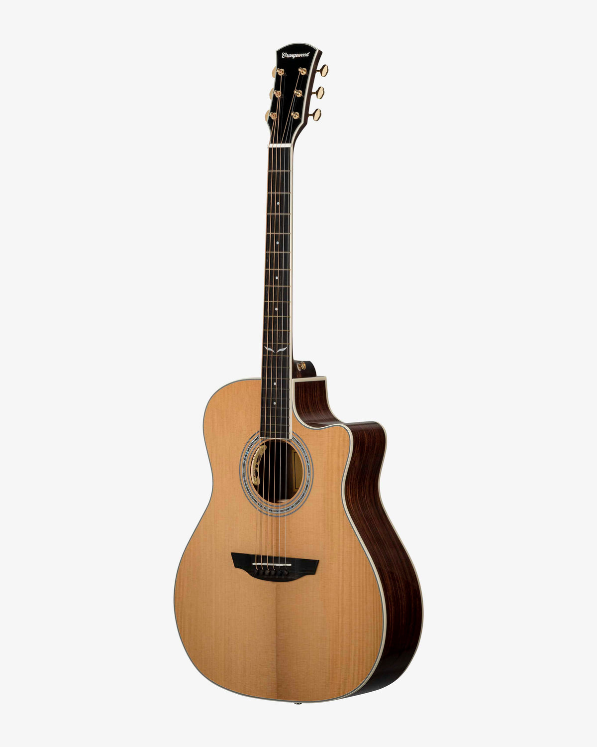 Torrefied spruce grand auditorium cutaway acoustic electric guitar with mahogany sides, ebony fretboard, mother of pearl fretboard inlays, abalone rosette, and gold hardware