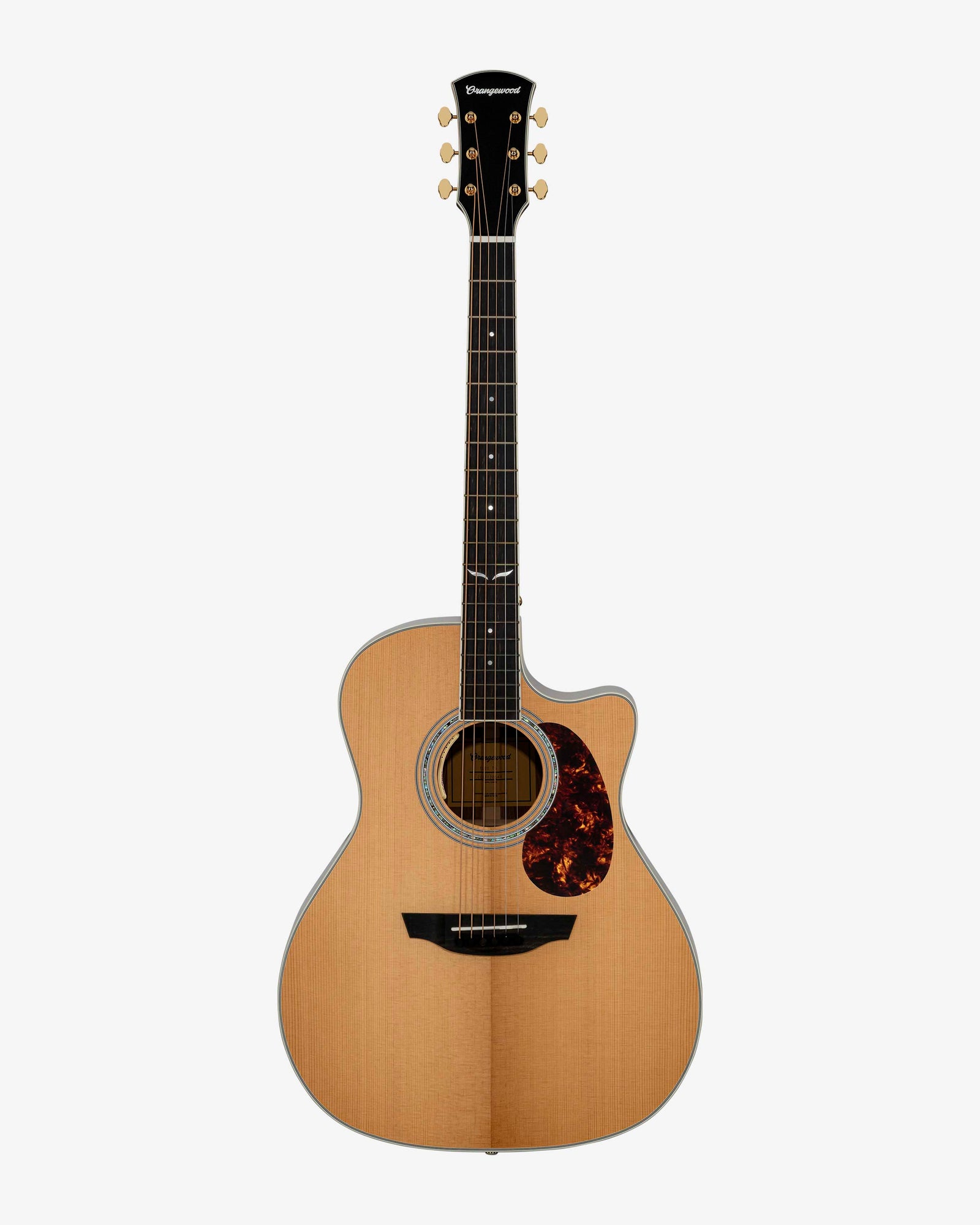 Torrefied spruce grand auditorium cutaway acoustic electric guitar with ebony fretboard, mother of pearl fretboard inlays, abalone rosette, and gold hardware