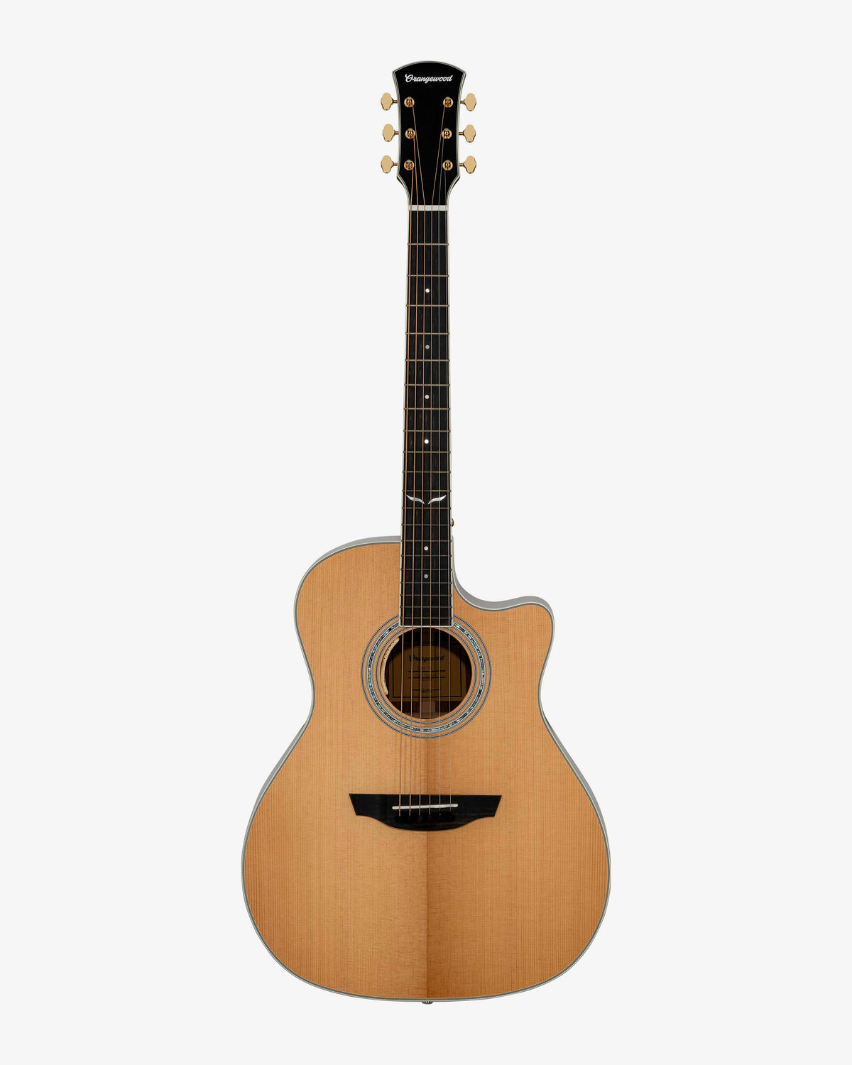 Torrefied spruce grand auditorium cutaway acoustic electric guitar with ebony fretboard, mother of pearl fretboard inlays, abalone rosette, and gold hardware