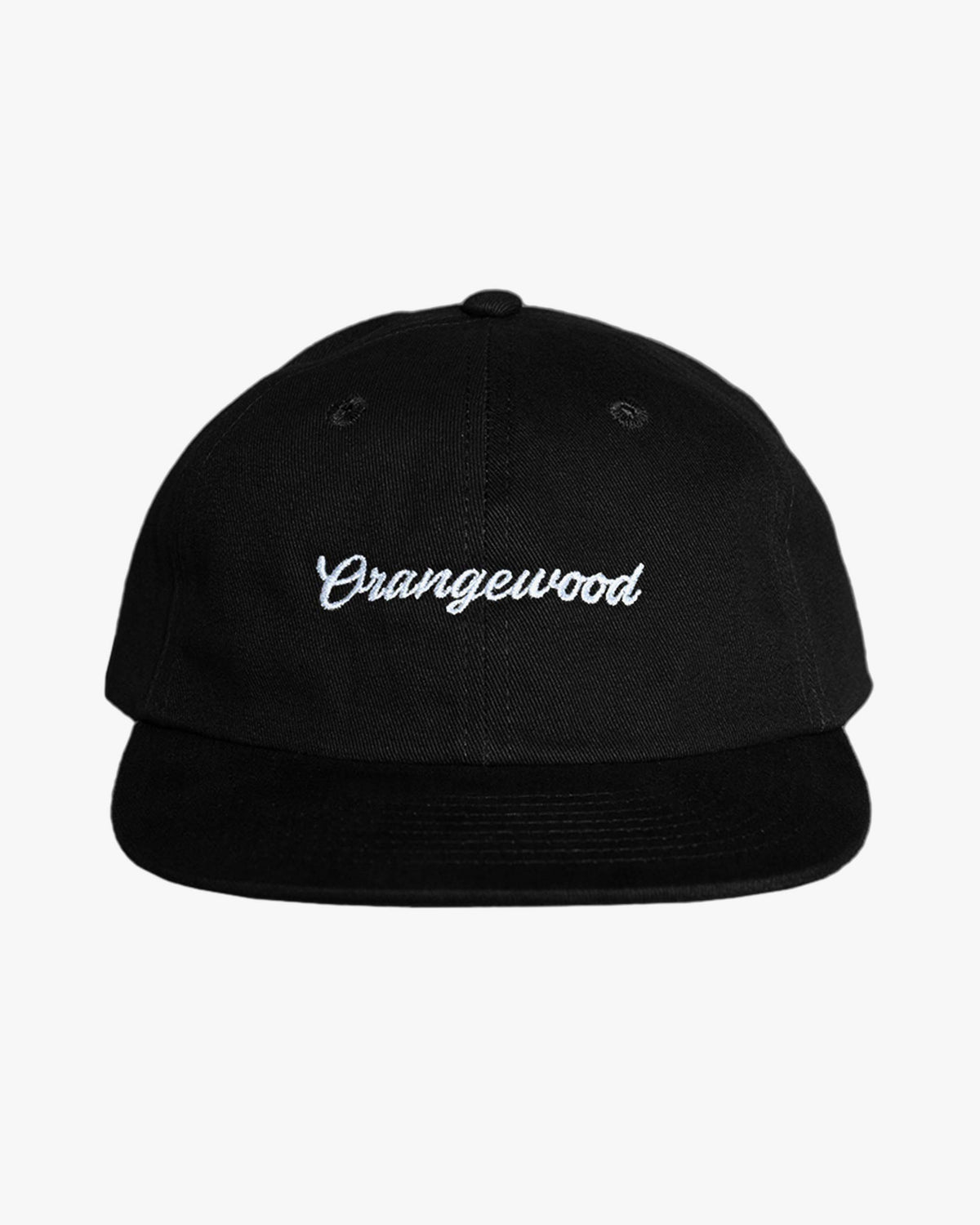 Black baseball cap with embroidered Orangewood logo in white