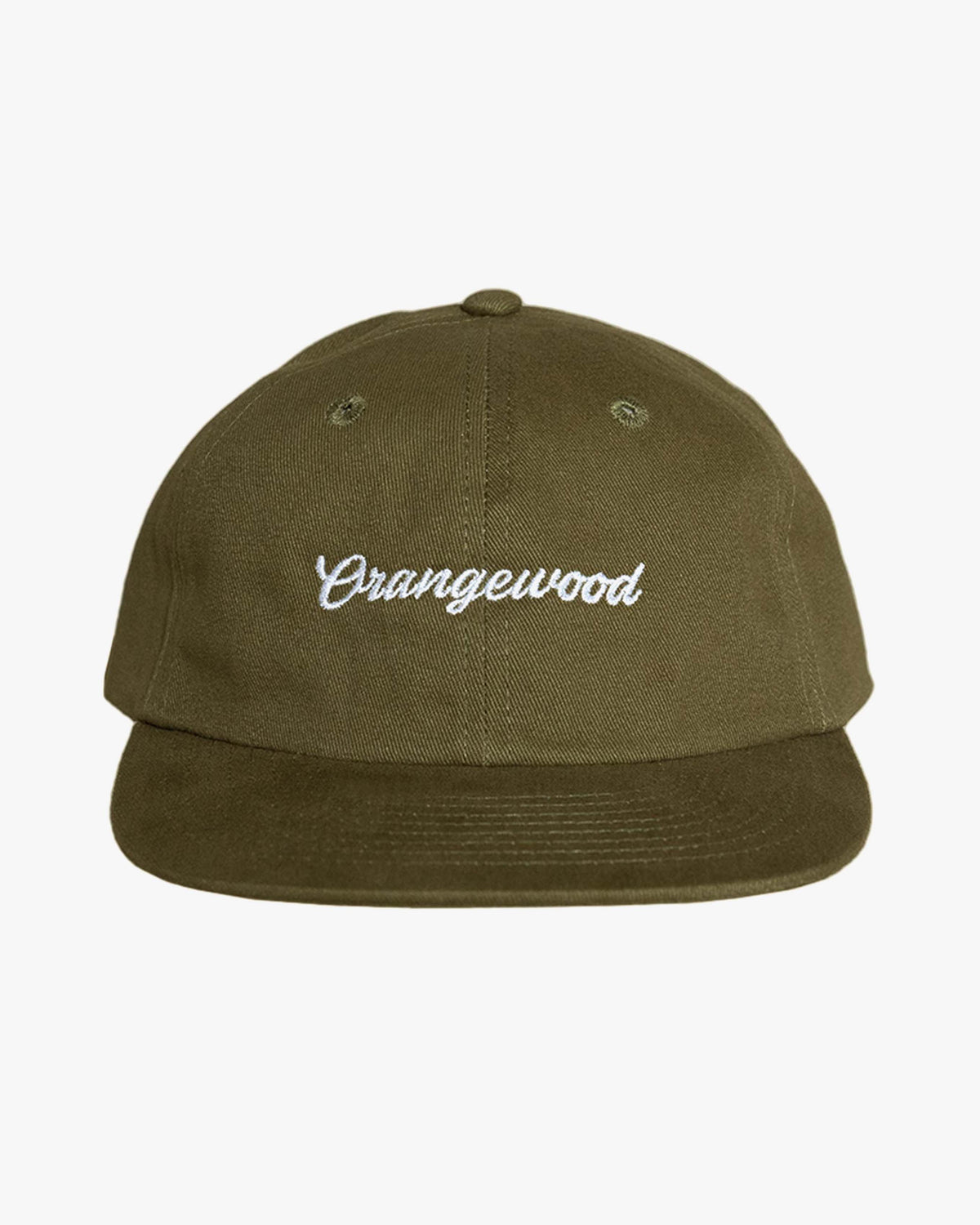 Green baseball cap with embroidered Orangewood logo in white