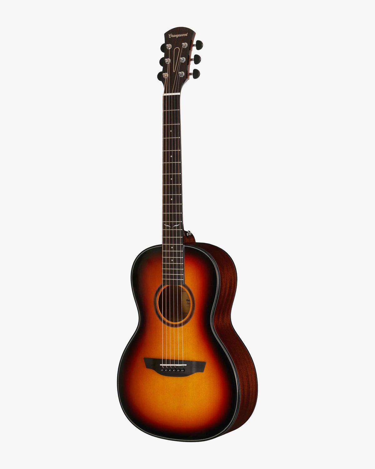 Angled view of sunburst parlor guitar