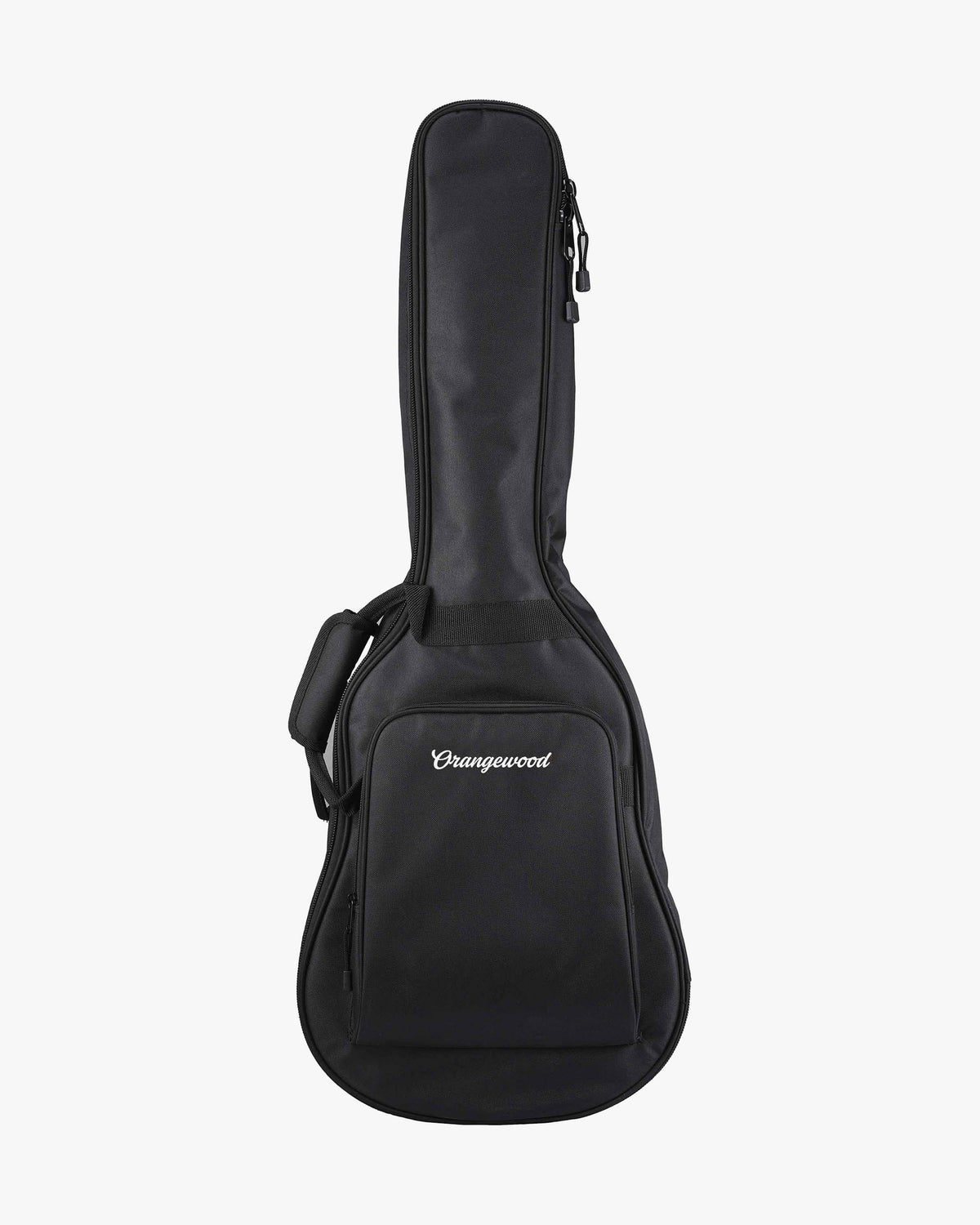 Acoustic guitar black gig bag with pocket, handle, and white embroidered Orangewood logo