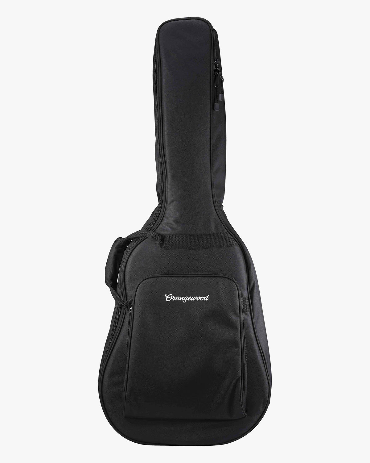 Acoustic guitar black gig bag with pocket, handle, and white embroidered Orangewood logo