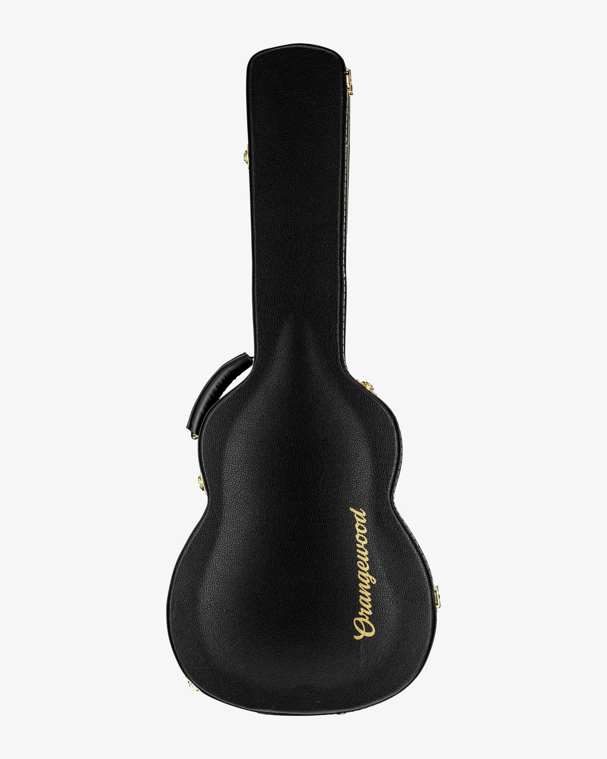 Acoustic guitar black hard case with leather handle, gold latches, and gold Orangewood logo