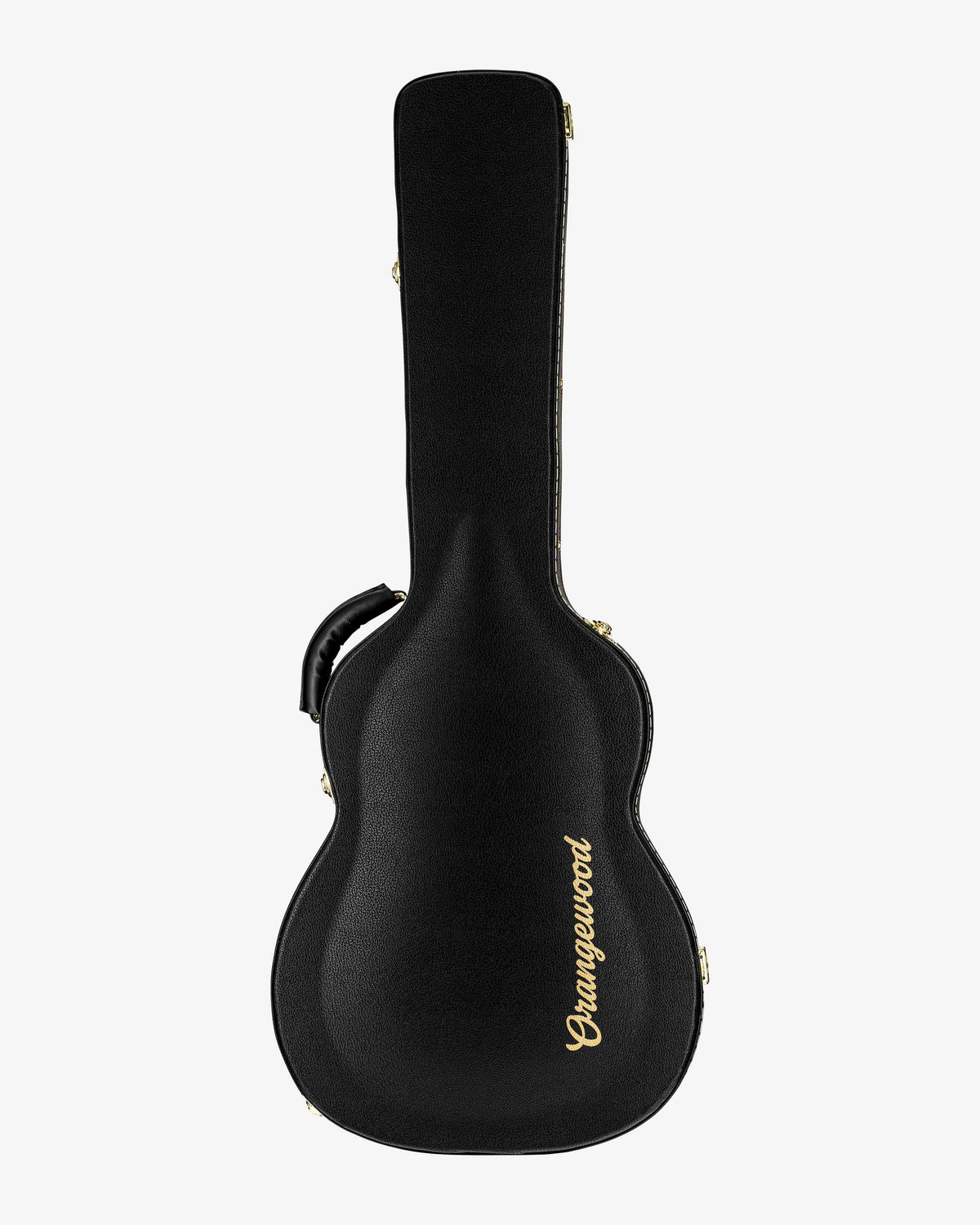 Acoustic guitar black hard case with leather handle, gold latches, and gold Orangewood logo