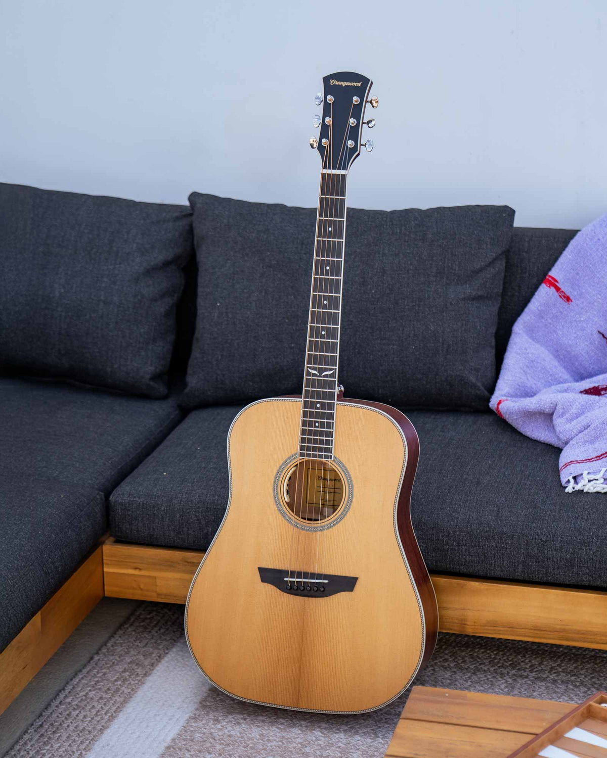 Hudson torrefied spruce guitar against an outdoor sofa