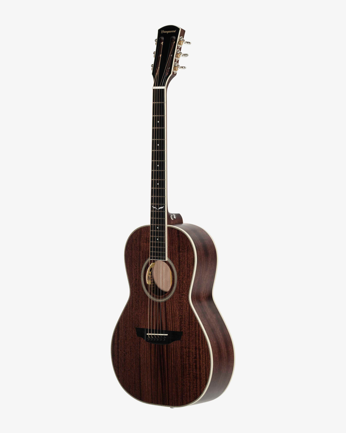 Angled view of a mahogany parlor guitar