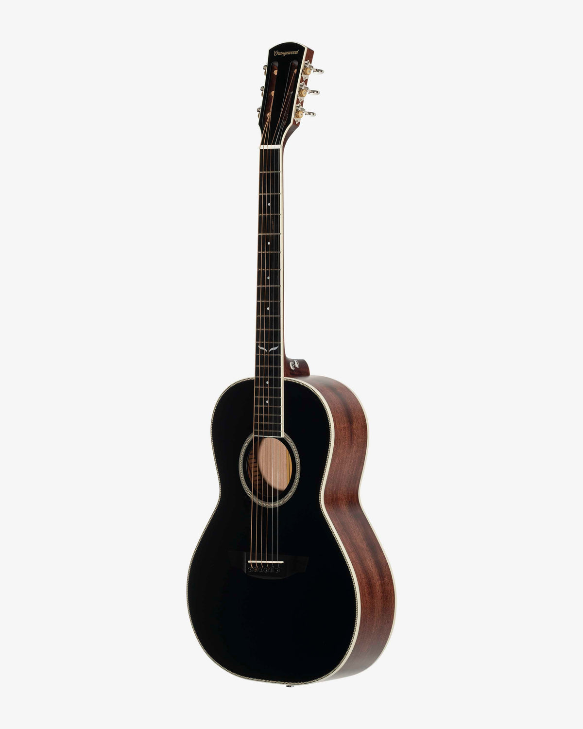 Angled view of a black parlor guitar