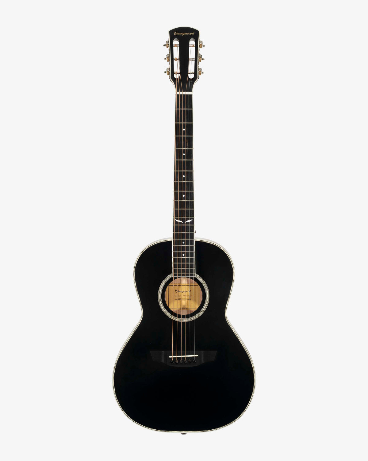 Black parlor guitar with slotted headstock