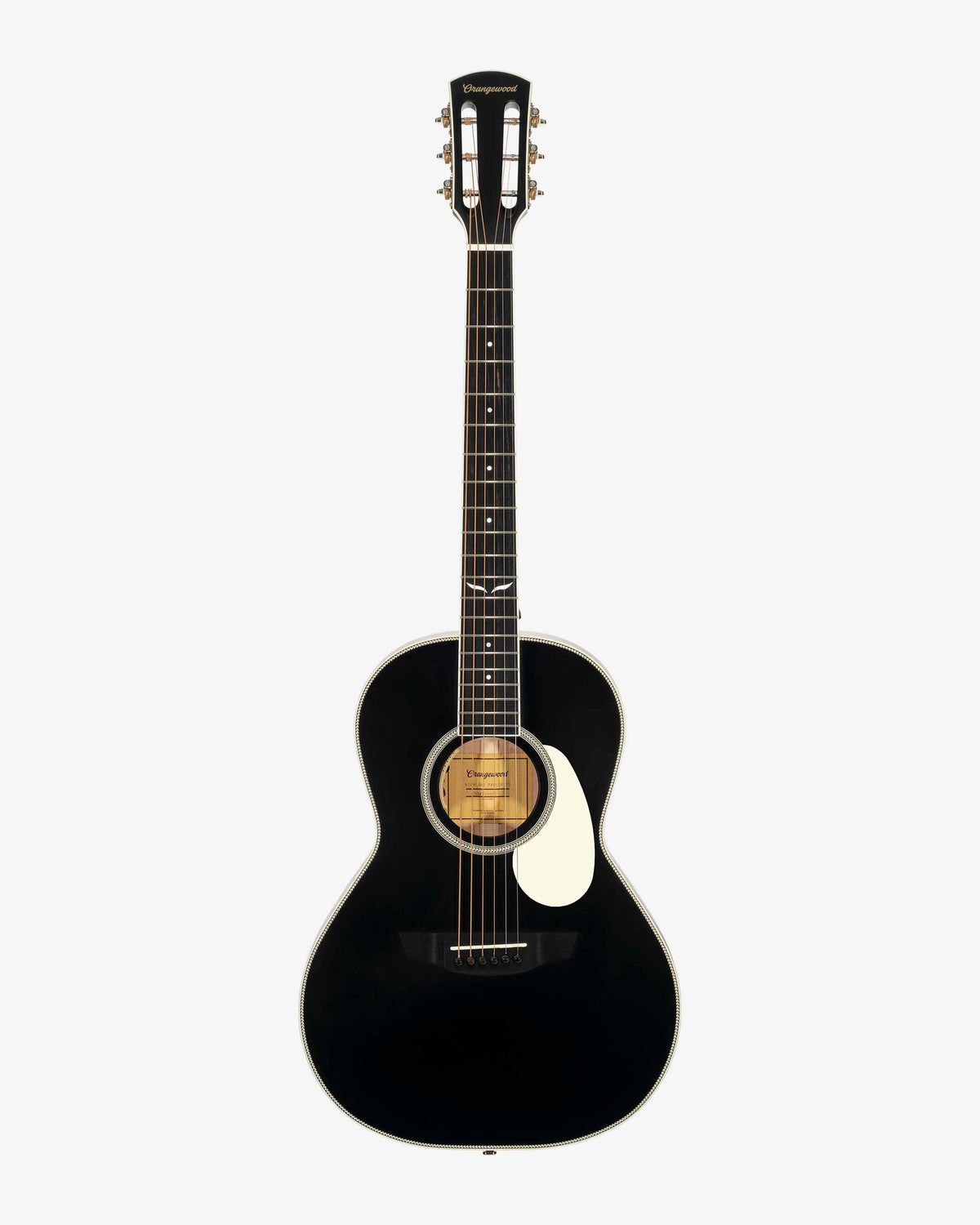 Black parlor guitar with white pickguard