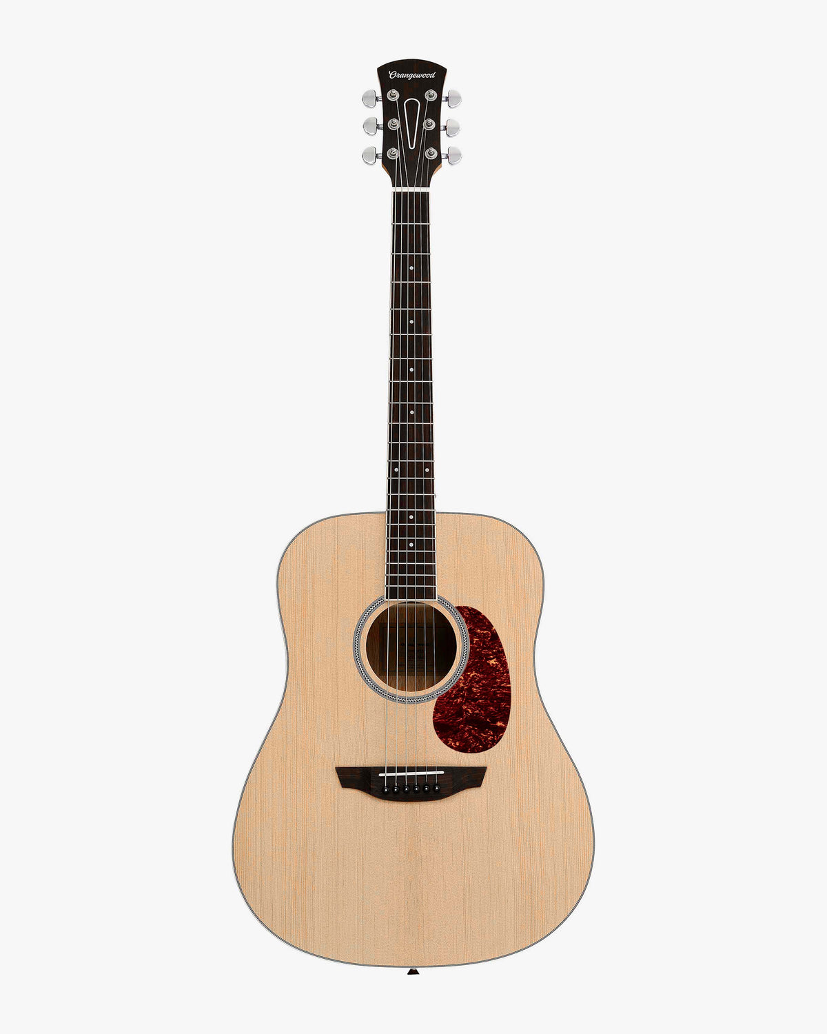 Angled view of a spruce dreadnought guitar