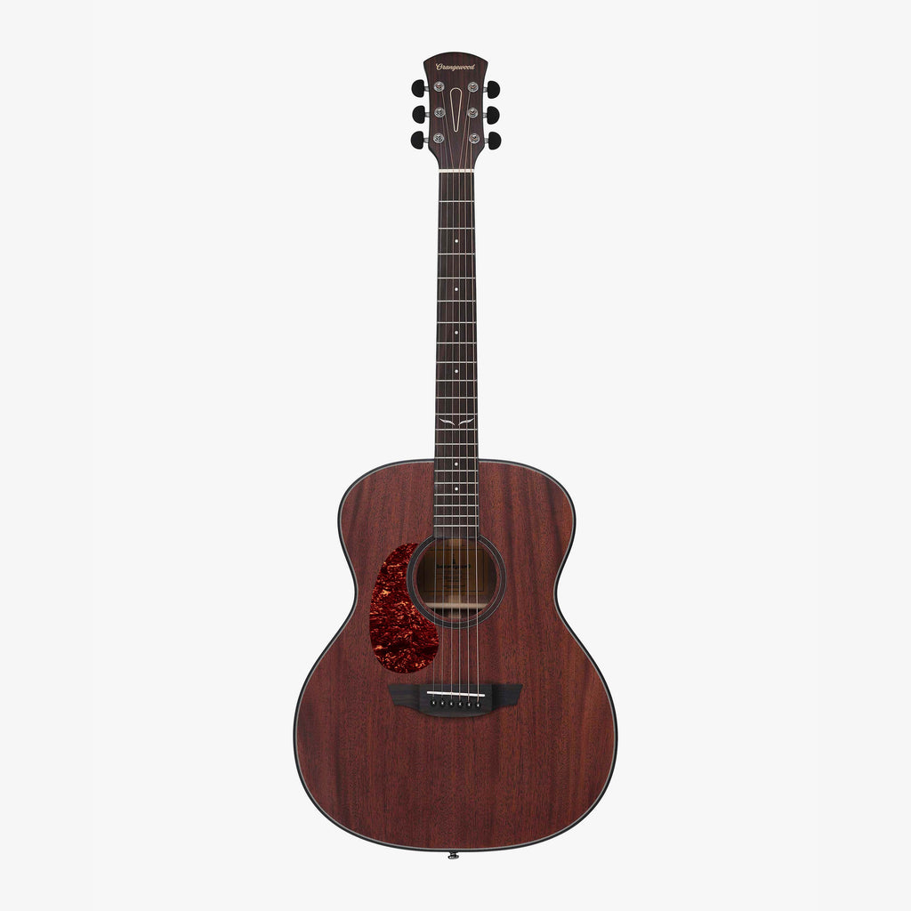 Oliver Left-Handed mahogany acoustic guitar, front view with pickguard
