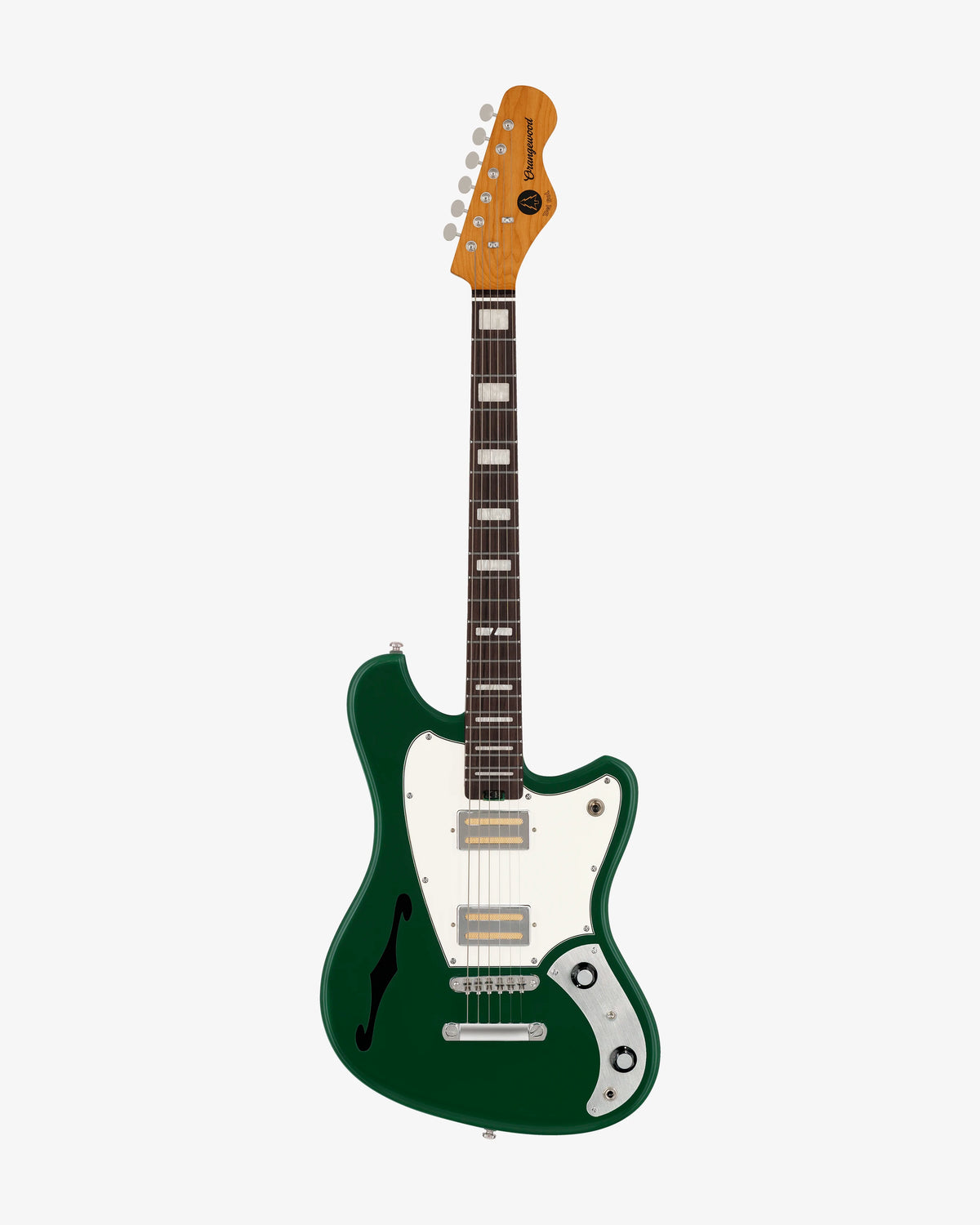 Green electric guitar with a white pickguard on a white background