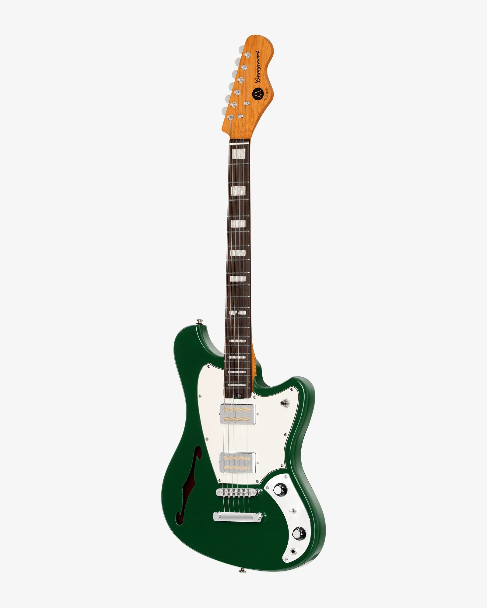 Green electric guitar with a white pickguard on a white background