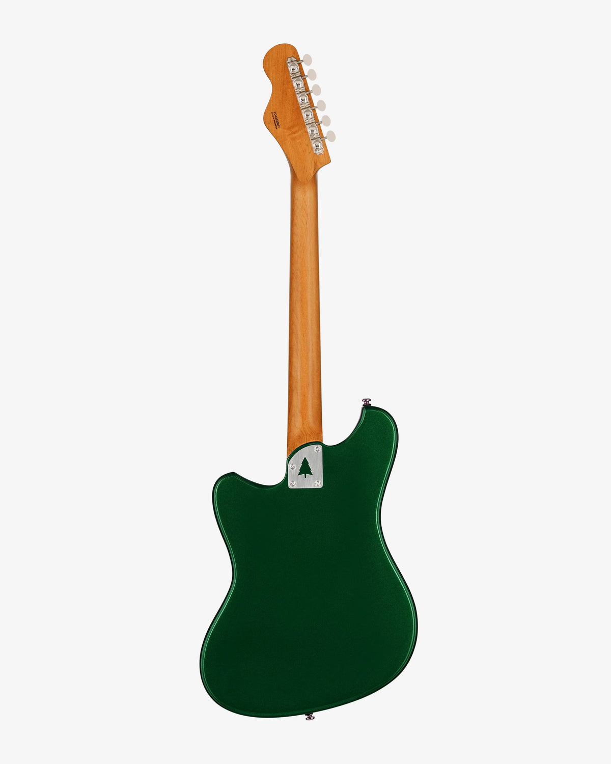 Green electric guitar with a wooden neck on a white background