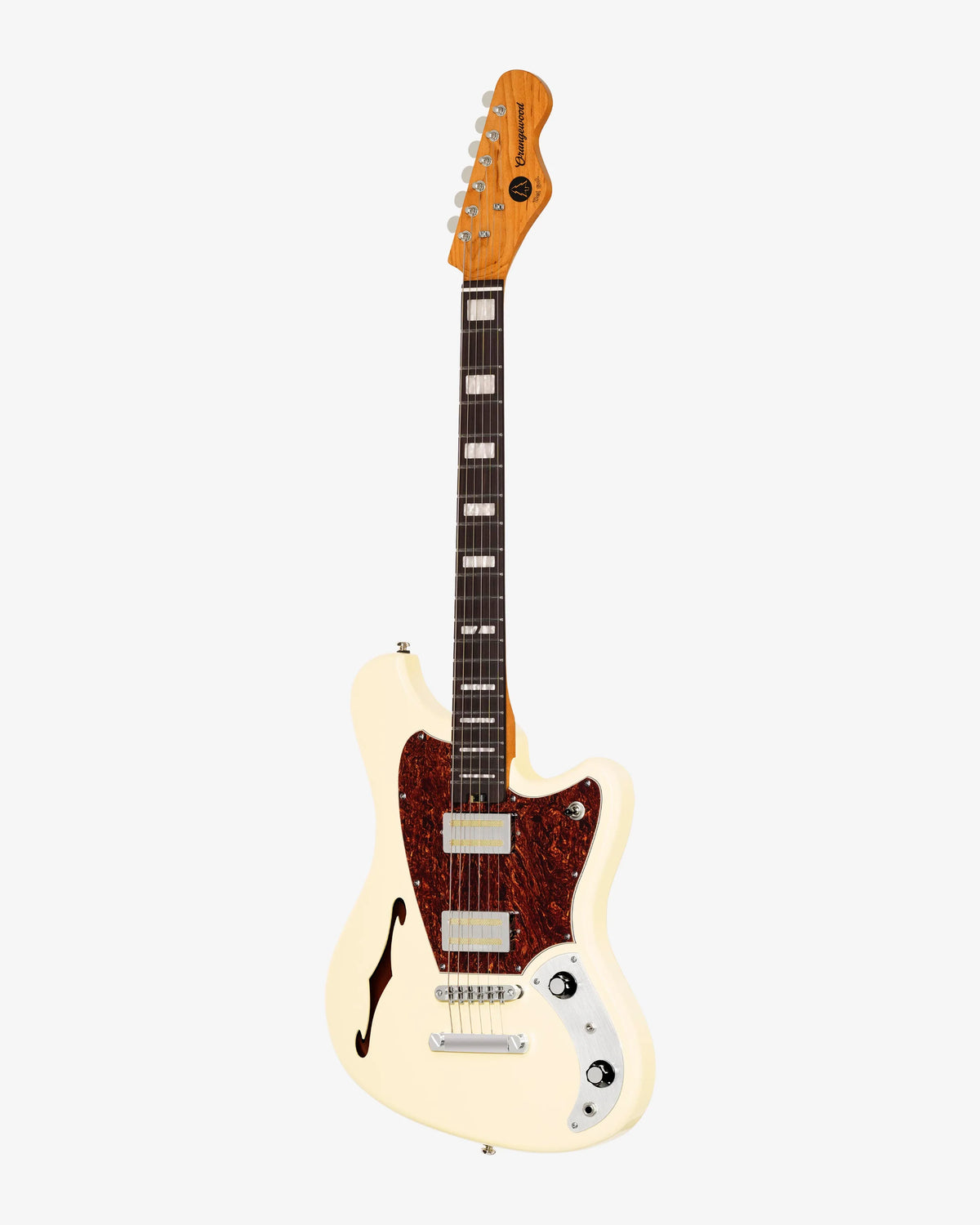White electric guitar with a brown pickguard on a white background